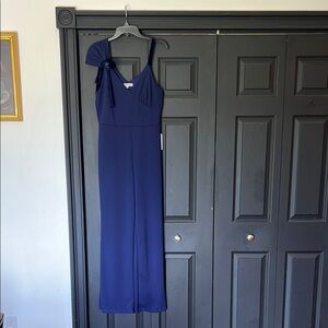 The Vanity Room Blue One Shoulder Tie Front jumpsuit.